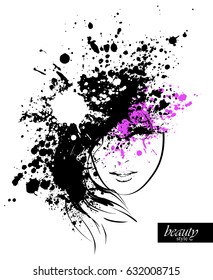 Abstract face. Ink composition with a lady and blots