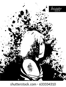 Abstract face. Ink composition with a lady and blots