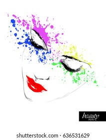 Abstract face. Ink composition with a lady and blots