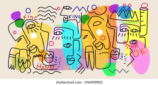 Abstract face line art icon vector illustration.Out line,contour,color character background.