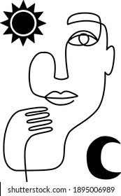 Abstract face line art on white background. Day and night. Sun and moon. Black and white. One line drawing.