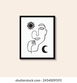 Abstractas arte de la línea de la cara sobre fondo de pared. Día y noche. Sol y luna. ilustración