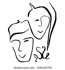 Abstract face line art. Passion couple and kissing man and women illustration. Boho modern line composition