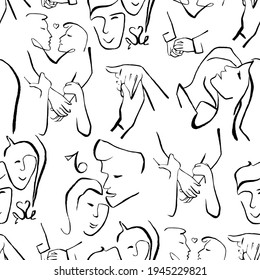 Abstract Face Line Art Seamless Pattern. Couple And Kissing Female Art. Hand Absract Art 