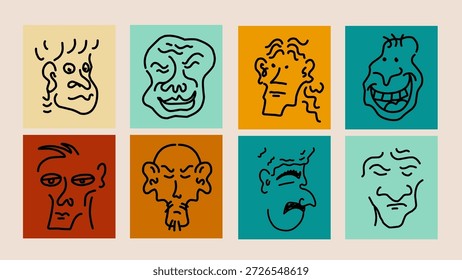 Abstract face line art set of hand drawn expressive portraits in modern minimalist style, imperfections doodles man characters for posters, branding, social media, and creative projects