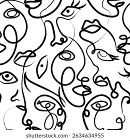 Abstract Face Linear Drawing Seamless Pattern. Minimalistic Sketch Linear Design of Female Portrait Ornament for Textile, Beauty Design, Prints, Social Media, Wrapping Paper. Vector. Not AI