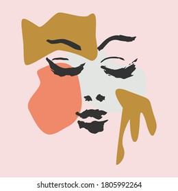 Abstract Face Line.Modern Drawing In The Art Nouveau Cubism Style.Portrait Of A Female Face Isolated On A White Background.