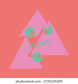 Cara Abstractas hecha de triángulos rosados, círculos verdes y una línea en zigzag sobre un fondo de coral. Diseño moderno y minimalista.
