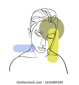 The abstract face of a man is drawn by a continuous line. Portrait of a guy on a white background and geometric elements.