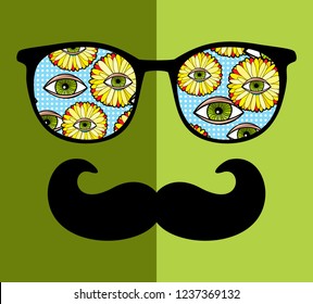 Abstract face of man in glasses with moustaches. Vector image in retro style.