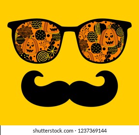 Abstract face of man in glasses with moustaches. Vector image in retro style.