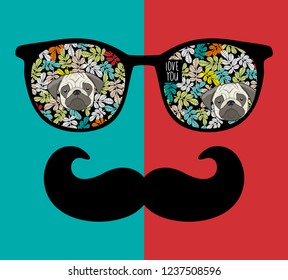 Abstract face of man in glasses with moustaches. Vector image in retro style.