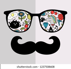 Abstract face of man in glasses with moustaches. Vector image in retro style.