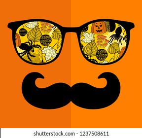 Abstract face of man in glasses with moustaches. Vector image in retro style.