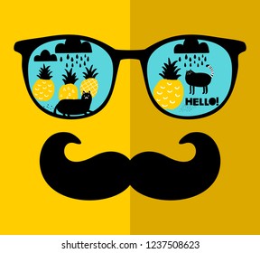Abstract face of man in glasses with moustaches. Vector image in retro style.