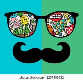Abstract face of man in glasses with moustaches. Vector image in retro style.