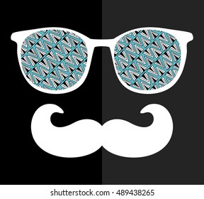 Abstract face of man in glasses. Vector image in retro style with geometric doodle pattern.