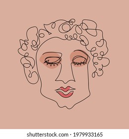 Abstract face of a man on a pink background. Minimalistic man's face. Doodle style illustration. Linear illustration with spots. Vector illustration, eps.