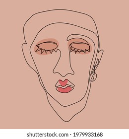 Abstract face of a man on a pink background. Minimalistic man's face. Doodle style illustration. Linear illustration with spots. Vector illustration, eps.