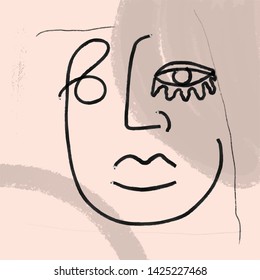 Abstract face one line continuous drawing. Simple modern portrait. Monochrome doddle icon. Contemporary trendy design for placards, flyers, brochures, invitations.