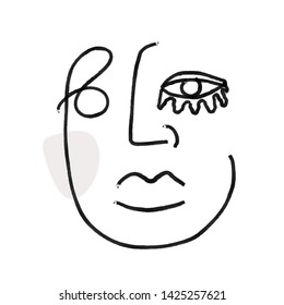 Abstract face one line continuous drawing. Simple modern portrait. Monochrome doddle icon. Contemporary trendy design for placards, flyers, brochures, invitations.