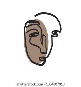 Abstract face one line drawing. Cubism surrealistic modern art. Contemporary trendy elements isolated on background. 