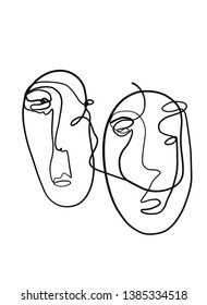 Abstract face one line drawing. Cubism surrealistic modern art. Contemporary trendy elements isolated on background. Hand drawn vector illustration