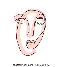 Abstract face one line drawing. Cubism surrealistic modern art. Contemporary trendy elements isolated on background. Hand drawn vector illustration