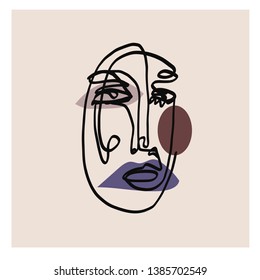 Abstract face one line drawing. Cubism surrealistic modern art. Contemporary trendy elements isolated on background. Hand drawn vector illustration