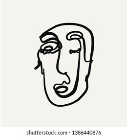 Abstract face one line drawing. Cubism surrealistic modern art. Contemporary trendy elements isolated on background. Hand drawn vector illustration