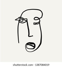 Abstract face one line drawing. Cubism surrealistic modern art. Contemporary trendy elements isolated on background. Hand drawn vector illustration