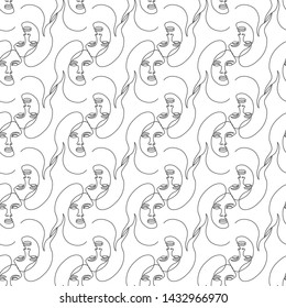 Abstract face one line drawing seamless pattern on white background. Portrait of women in modern minimalistic style. Hand drawn vector illustration for fabric, textile, wrapping paper and print design