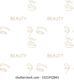 Abstract face one line drawing seamless pattern on white background. Portrait in modern minimalistic style. Hand drawn vector illustration