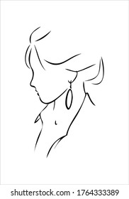 Resumen del dibujo de una línea. Moda, estilo, juventud, belleza. Gráfico, dibujo de sketch. Niña con arete
