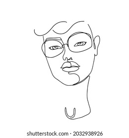 Abstract face one line drawing. Beautiful  man with glasses portrait minimalistic style. Vector illustration 