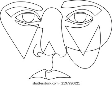 Abstract Face One Line Drawing. Eyes Wide Open. Fear Or Stress Concept. Black And White Vector Illustration