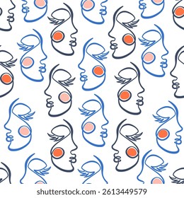 Abstract Face One Line Drawing Seamless Pattern. Minimalistic Sketch Linear Design of Simple Woman Portrait Ornament for Textile, Beauty Design, Prints, Social Media, Wrapping Paper. Vector. Not AI