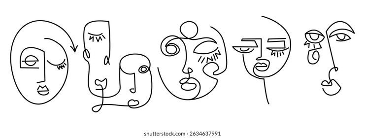 Abstract Face One Line Drawing Set. Modern Trendy Continuous Line Art Abstract Face Collection. Minimalist Style Hand Drawn Vector Illustration for Home Décor, Prints, Posters, Tote Bag. Not AI