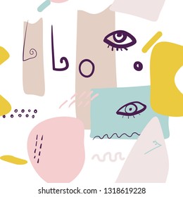 Abstract face parts - eyes and noses seamless vector colorful pattern. Surrealistic minimal style. Rounded geometrical shapes. Chalky pastel colours.