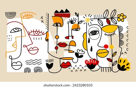 Abstract face people portrait, geometric, doodle, line art, decorative, hand drawn vector illustration. Collection for art print, cover, poster, wall art and decoration.