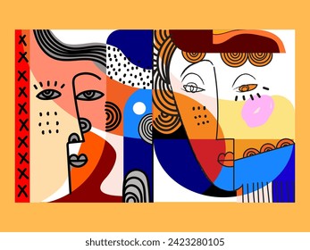 Abstract face people portrait, geometric, doodle, line art, decorative, hand drawn vector illustration. Collection for art print, cover, poster, wall art and decoration.