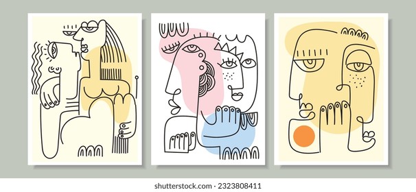 Abstract face person drawing in continuous line with minimalist color vector illustration. Beauty glamour vintage concept art background.