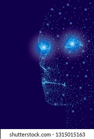 Abstract face of a person from points. Glowing lights on the face. Side view. 3D. Vector illustration.