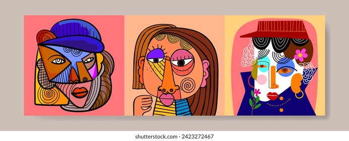 Abstract face portrait art set. Aesthetic modern, geometric, doodle, boho decor vector illustration. Collection for decoration, cover, poster, postcard and art print.