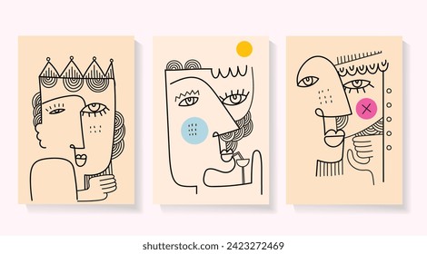 Abstract face portrait art set. Aesthetic modern, geometric, doodle, boho decor vector illustration. Collection for decoration, cover, poster, postcard and art print.