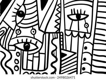 Abstract face portrait background, black and white, vector illustration.