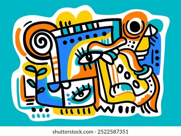 abstrato rosto retrato cubismo estilo de arte, decorativo, ilustração vetorial desenhada à mão de arte de linha.