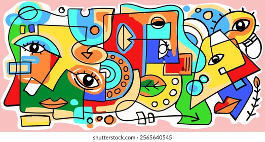 abstract face portrait cubism art style, decorative, line art hand drawn vector illustration.Group of colorful abstract face portrait cubism art style, decorative, line art hand drawn vector.