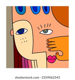 Abstract face portrait decorative geometric doodle hand drawn vector illustration wall art design.