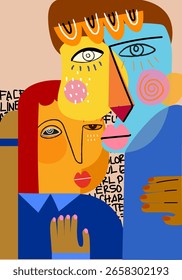 Ilustración vectorial dibujada a mano Abstractas del doodle del retrato de la cara, decorativa, geométrica. Impresiones artísticas de figuras y fondo.